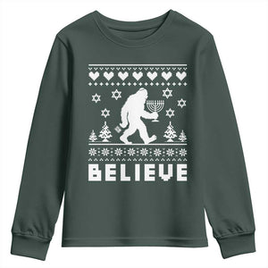 Funny Hanukkah Bigfoot Youth Sweatshirt Believe Ugly Sweater Jewish Holiday Gift TS12 Dark Forest Green Print Your Wear