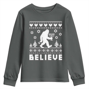 Funny Hanukkah Bigfoot Youth Sweatshirt Believe Ugly Sweater Jewish Holiday Gift TS12 Dark Heather Print Your Wear