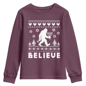 Funny Hanukkah Bigfoot Youth Sweatshirt Believe Ugly Sweater Jewish Holiday Gift TS12 Maroon Print Your Wear