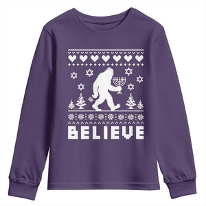 Funny Hanukkah Bigfoot Youth Sweatshirt Believe Ugly Sweater Jewish Holiday Gift TS12 Purple Print Your Wear