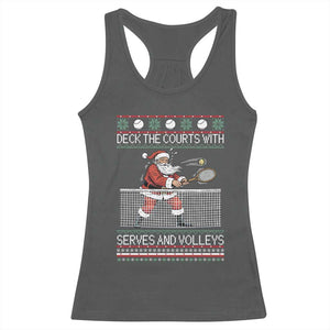 Deck The Courts With Serves And Volleys Racerback Tank Top Funny Tennis Ugly Christmas TS12 Dark Heather Print Your Wear