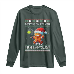 Funny Tennis Ugly Christmas Gingerbread Player Gift Long Sleeve Shirt Deck The Courts With Serves And Volleys TS12 Dark Forest Green Print Your Wear