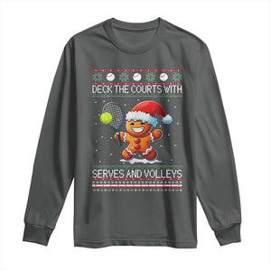 Funny Tennis Ugly Christmas Gingerbread Player Gift Long Sleeve Shirt Deck The Courts With Serves And Volleys TS12 Dark Heather Print Your Wear