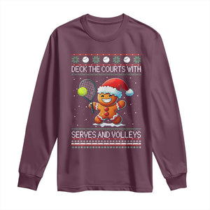 Funny Tennis Ugly Christmas Gingerbread Player Gift Long Sleeve Shirt Deck The Courts With Serves And Volleys TS12 Maroon Print Your Wear