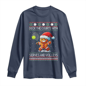 Funny Tennis Ugly Christmas Gingerbread Player Gift Long Sleeve Shirt Deck The Courts With Serves And Volleys TS12 Navy Print Your Wear