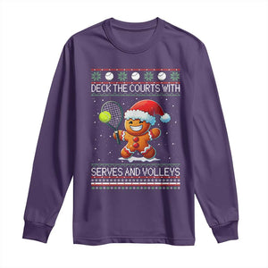 Funny Tennis Ugly Christmas Gingerbread Player Gift Long Sleeve Shirt Deck The Courts With Serves And Volleys TS12 Purple Print Your Wear