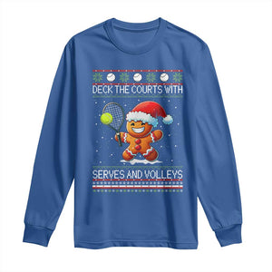 Funny Tennis Ugly Christmas Gingerbread Player Gift Long Sleeve Shirt Deck The Courts With Serves And Volleys TS12 Royal Blue Print Your Wear