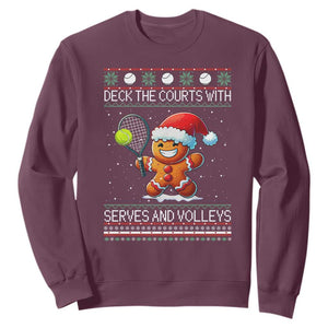 Funny Tennis Ugly Christmas Gingerbread Player Gift Sweatshirt Deck The Courts With Serves And Volleys TS12 Maroon Print Your Wear