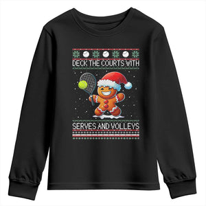 Funny Tennis Ugly Christmas Gingerbread Player Gift Youth Sweatshirt Deck The Courts With Serves And Volleys TS12 Black Print Your Wear
