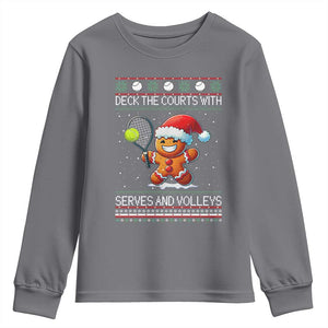 Funny Tennis Ugly Christmas Gingerbread Player Gift Youth Sweatshirt Deck The Courts With Serves And Volleys TS12 Charcoal Print Your Wear