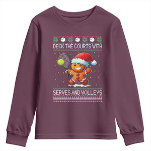 Funny Tennis Ugly Christmas Gingerbread Player Gift Youth Sweatshirt Deck The Courts With Serves And Volleys TS12 Maroon Print Your Wear