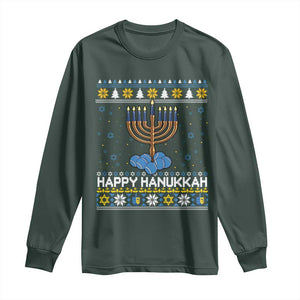 Funny Happy Hanukkah Ugly Sweater Tennis Lover Gift Long Sleeve Shirt TS12 Dark Forest Green Print Your Wear
