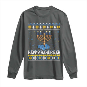 Funny Happy Hanukkah Ugly Sweater Tennis Lover Gift Long Sleeve Shirt TS12 Dark Heather Print Your Wear