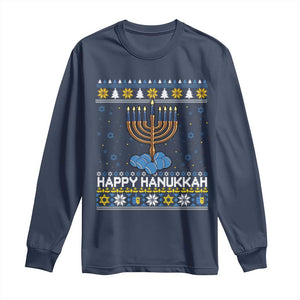 Funny Happy Hanukkah Ugly Sweater Tennis Lover Gift Long Sleeve Shirt TS12 Navy Print Your Wear
