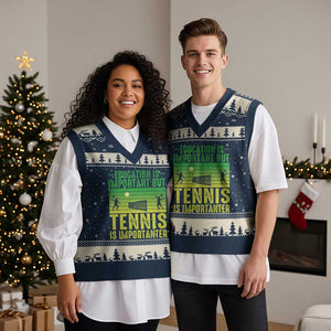 Vintage Retro Tennis Quote V-Neck Knit Sweater Vest Education Is Important But Tennis Is Importanter TS12 Navy Beige Print Your Wear
