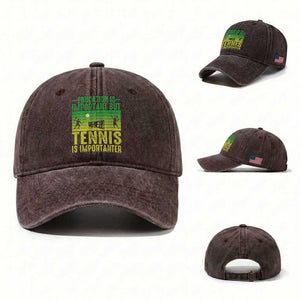 Vintage Retro Tennis Quote Washed Cotton Baseball Cap Education Is Important But Tennis Is Importanter TS12 Washed Cap Universal Fit Dark Brown Print Your Wear