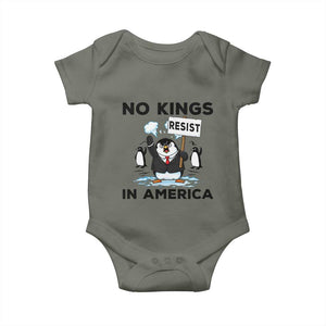Funny Penguin Protest Baby Onesie No Kings In America TS12 Military Green Print Your Wear