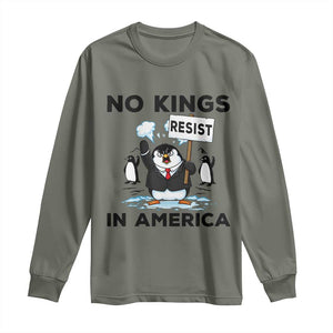 Funny Penguin Protest Long Sleeve Shirt No Kings In America TS12 Military Green Print Your Wear