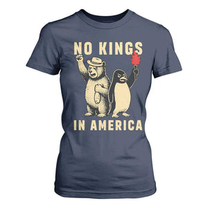Funny Bear And Penguin Protest T Shirt For Women No Kings In America TS12 Navy Print Your Wear