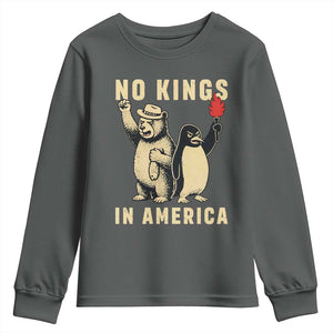 Funny Bear And Penguin Protest Youth Sweatshirt No Kings In America TS12 Dark Heather Print Your Wear