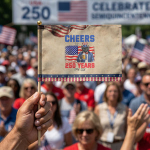 Vintage Cat Uncle Sam Patriotic Handheld Flag Cheers To 250 Years TS12 Vintage 8.2" × 5.5" Rustic Tan Navy Print Your Wear