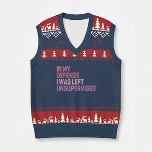 Funny Sarcastic Quote V-Neck Knit Sweater Vest In My Defense I Was Left Unsupervised TS12 Navy Red Print Your Wear