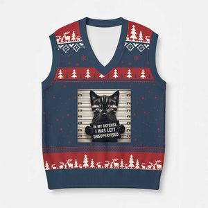 Funny Bad Cat Attitude V-Neck Knit Sweater Vest In My Defense I Was Left Unsupervised TS12 Navy Red Print Your Wear