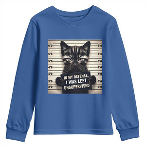 Funny Bad Cat Attitude Youth Sweatshirt In My Defense I Was Left Unsupervised TS12 Royal Blue Print Your Wear