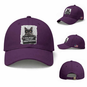 Funny Cat Mugshot Baseball Cap In My Defense I Was Left Unsupervised TS12 Baseball Cap Universal Fit Purple Print Your Wear