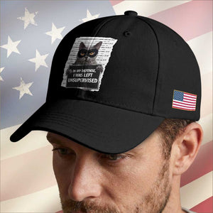 Funny Cat Mugshot Baseball Cap In My Defense I Was Left Unsupervised TS12 Print Your Wear