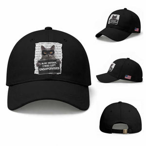Funny Cat Mugshot Baseball Cap In My Defense I Was Left Unsupervised TS12 Baseball Cap Universal Fit Black Print Your Wear