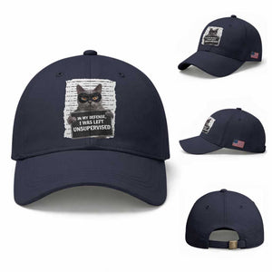 Funny Cat Mugshot Baseball Cap In My Defense I Was Left Unsupervised TS12 Baseball Cap Universal Fit Navy Print Your Wear