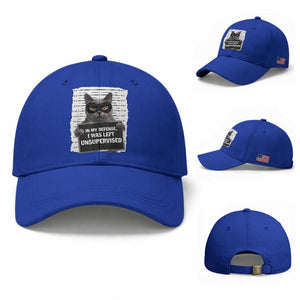 Funny Cat Mugshot Baseball Cap In My Defense I Was Left Unsupervised TS12 Baseball Cap Universal Fit Royal Blue Print Your Wear