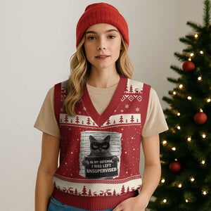 Funny Cat Mugshot V-Neck Knit Sweater Vest In My Defense I Was Left Unsupervised TS12 Red Beige Print Your Wear