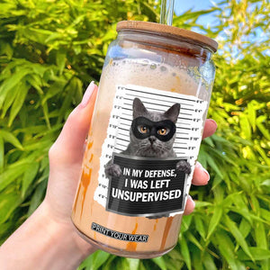 Funny Cat Mugshot Glass Can In My Defense I Was Left Unsupervised TS12 Black Print Your Wear