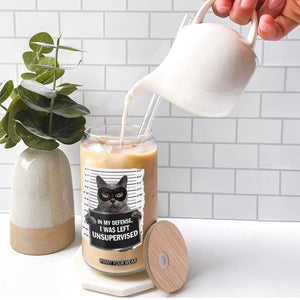Funny Cat Mugshot Glass Can In My Defense I Was Left Unsupervised TS12 Print Your Wear