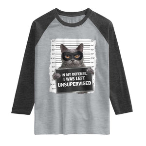 Funny Cat Mugshot Raglan Shirt In My Defense I Was Left Unsupervised TS12 Heather Gray Heather Charcoal Print Your Wear