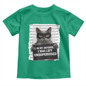 Funny Cat Mugshot Toddler T Shirt In My Defense I Was Left Unsupervised TS12 Irish Green Print Your Wear