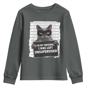 Funny Cat Mugshot Youth Sweatshirt In My Defense I Was Left Unsupervised TS12 Dark Heather Print Your Wear