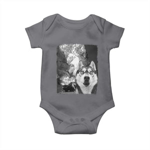 Funny Husky Chaos Baby Onesie Cool Dog Selfie With Burning Car TS12 Charcoal Print Your Wear