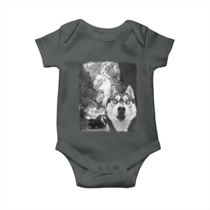 Funny Husky Chaos Baby Onesie Cool Dog Selfie With Burning Car TS12 Dark Heather Print Your Wear