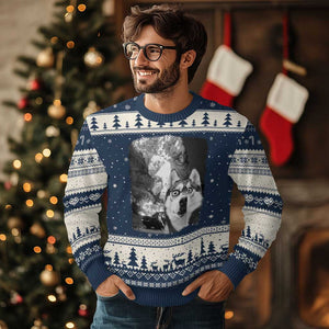 Funny Husky Chaos Ugly Christmas Sweater Cool Dog Selfie With Burning Car TS12 Navy Beige Print Your Wear
