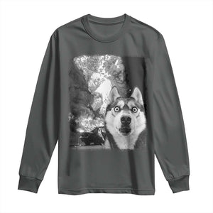 Funny Husky Chaos Long Sleeve Shirt Cool Dog Selfie With Burning Car TS12 Dark Heather Print Your Wear