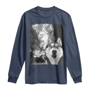 Funny Husky Chaos Long Sleeve Shirt Cool Dog Selfie With Burning Car TS12 Navy Print Your Wear