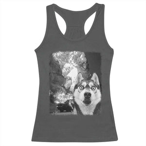 Funny Husky Chaos Racerback Tank Top Cool Dog Selfie With Burning Car TS12 Dark Heather Print Your Wear
