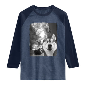 Funny Husky Chaos Raglan Shirt Cool Dog Selfie With Burning Car TS12 Heather Denim Navy Print Your Wear