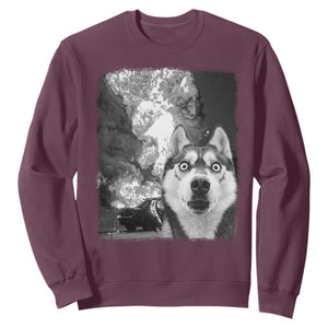 Funny Husky Chaos Sweatshirt Cool Dog Selfie With Burning Car TS12 Maroon Print Your Wear
