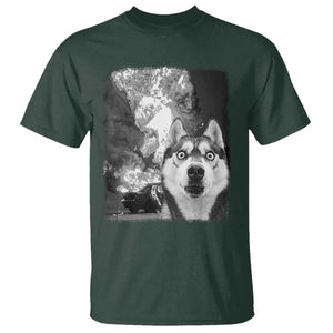 Funny Husky Chaos T Shirt Cool Dog Selfie With Burning Car TS12 Dark Forest Green Print Your Wear