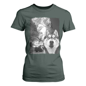 Funny Husky Chaos T Shirt For Women Cool Dog Selfie With Burning Car TS12 Dark Forest Green Print Your Wear
