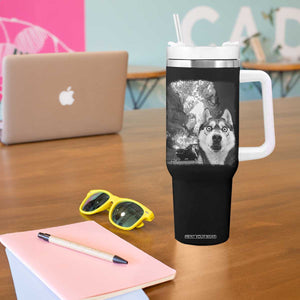 Funny Husky Chaos Tumbler With Handle Cool Dog Selfie With Burning Car TS12 Print Your Wear